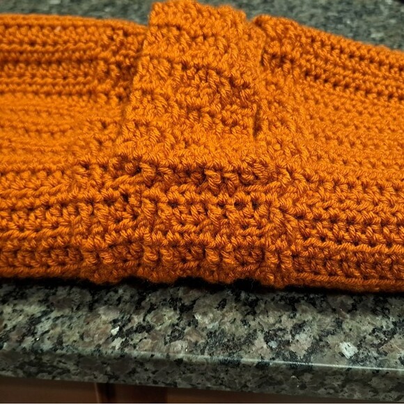 Handmade crocheted scarf, burnt orange color, with opening to secure scarf, 93" - Picture 6 of 8